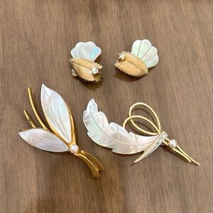 Vintage Mother of Pearl - Clip On Earrings and 2 Brooches